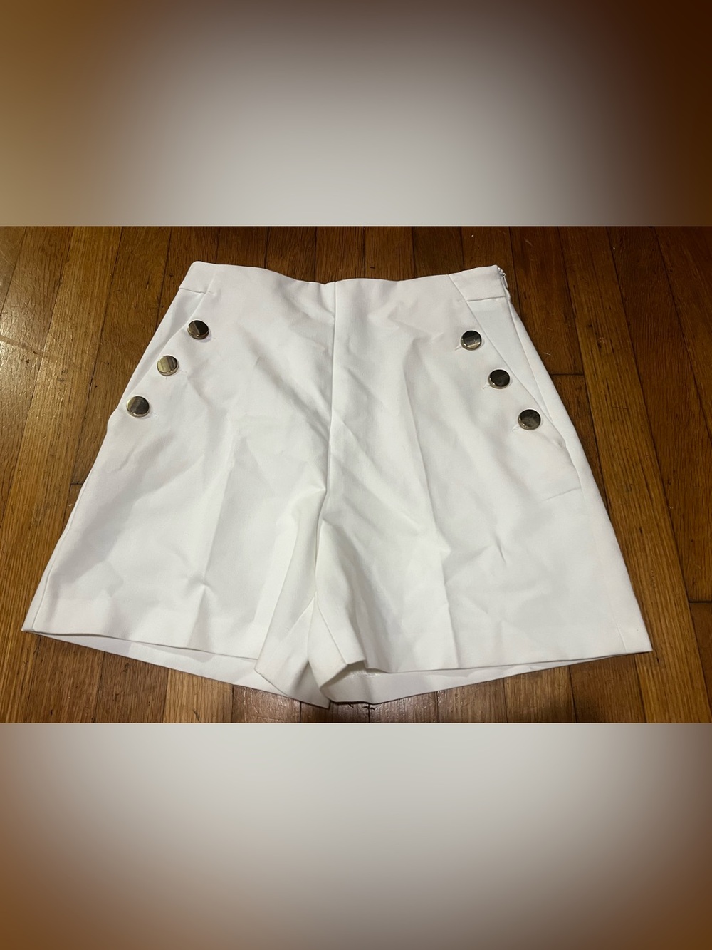 Zara White High-Rise Button Accent Shorts